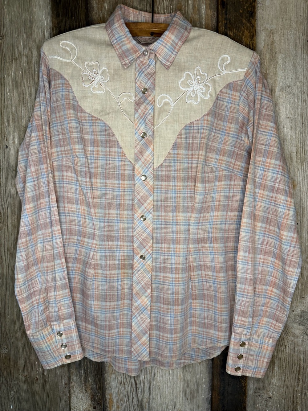VTG 60s/70s H Bar C Ranchwear Pearl Snap Embroidered Button Down Plaid Shirt: M